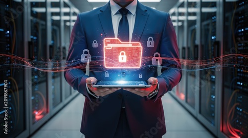 A businessman in a server room holds a tablet displaying a glowing digital folder with a lock symbol, representing cybersecurity and data protection.