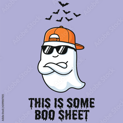 A cartoon ghost wearing a baseball cap and sunglasses on a purple background with bats