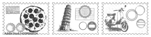 Konstfotografi Italy travel concept featuring vintage postage stamps with iconic cultural symbols including a traditional pizza