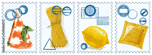Tableau sur toile Italian cuisine postage stamps illustrating popular food ingredients like spaghetti