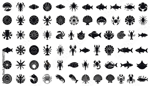 Black Marine Animal Silhouettes Arranged in Icon Grid on Light Gray Background