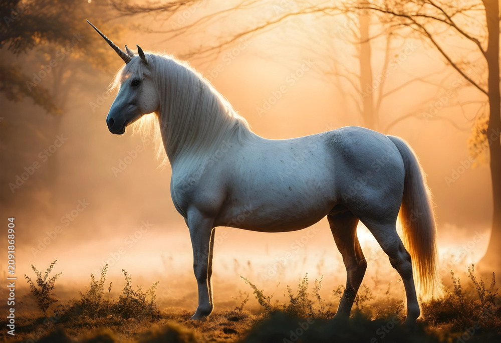 Obraz premium Majestic unicorn standing in misty forest at golden hour