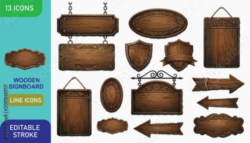 Konstfotografi Assorted wooden signboards and directional arrows with ornate carvings for rusti