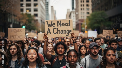 A diverse crowd marches in a city protest, with a prominent sign reading 