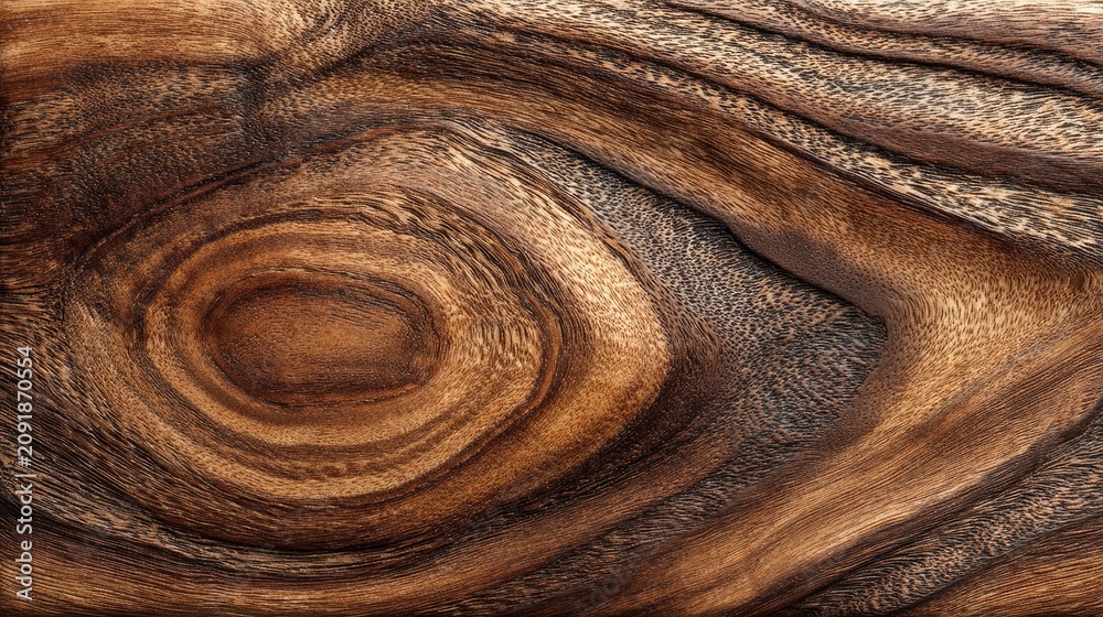 Fototapeta premium Walnut wood texture, rich dark brown color, swirling grain pattern, luxury furniture veneer background, smooth satin finish 