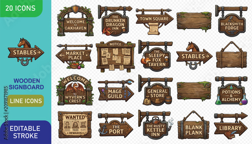Obraz na plátně Set of twenty fantasy wooden signboards for shops taverns and town locations in adventure games