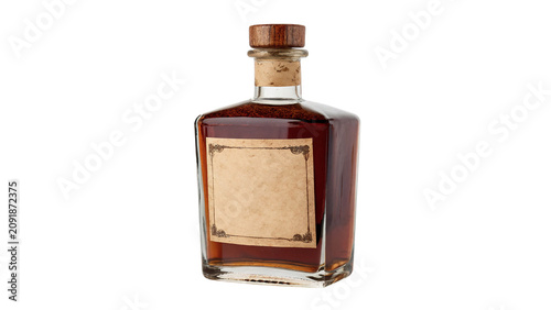 Foto Glass bottle of premium dark rum cognac alcohol isolated on a transparent backgr