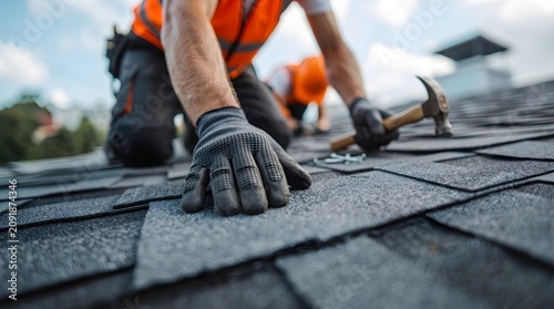 Close-up of a roofer's hand installing gray shingles on a roof with a hammer, wearing gloves and an orange vest outdoors