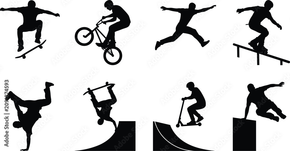 Obraz premium Extreme Sports Silhouette Collection with Skateboard BMX Scooter and Parkour Athlete Vector Set