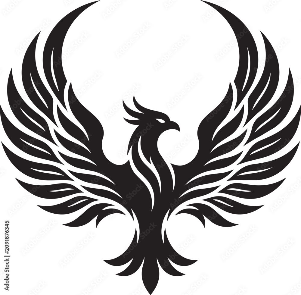 Fototapeta premium Black stylized phoenix bird illustration with wings spread