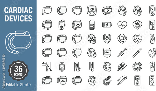 Cardiac devices line icon set with pacemaker, ICD, heart stent, medical cardiology pulse monitoring, catheter, defibrillator, surgery, and cardiovascular healthcare vector editable stroke thin icons.