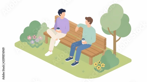 Two men talking and relaxing on a wooden park bench outdoors, drinking coffee amidst green nature in a modern flat design isometric illustration.