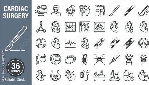 Quadro em tela Cardiac surgery line icon set with heart anatomy, ECG monitor, stent, pacemaker, aorta, heart valves, surgeon, scalpel, and medical equipment for cardiology diagnosis and professional treatment