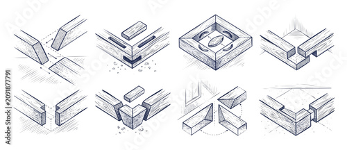 Fotografie Wood Joinery Types Diagram Sketch of carpentry woodworking joints illustrating m
