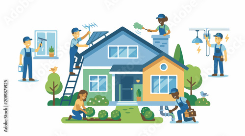 Multiple workers perform home maintenance tasks around a colorful house