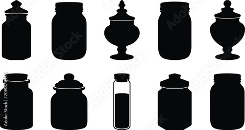 Photos Eight black silhouettes of various jars and containers are displayed