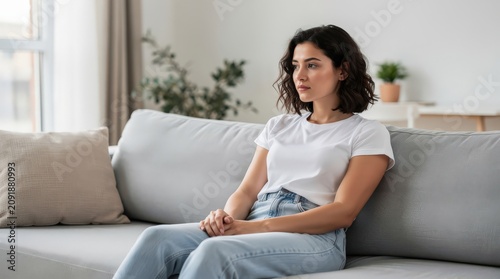 A woman in casual clothes sits pensively on a modern gray sofa in a bright, minimalist living room with plants and neutral decor.