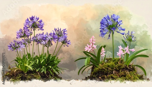 Vibrant Purple and Pink Garden Flowers Blooming on Mossy Soil Against Soft Painted Background