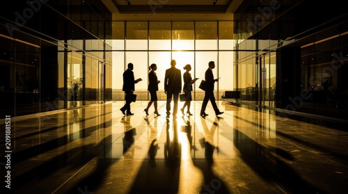 Silhouettes of five business professionals walking in a modern office lobby with sunlight streaming through large glass windows.