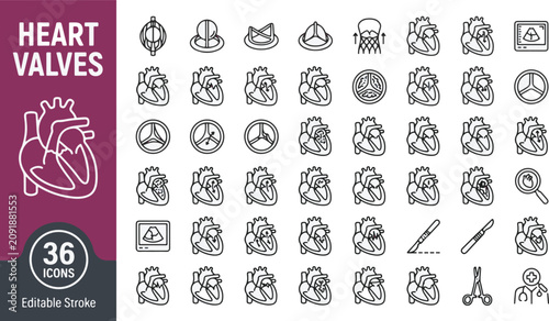 Foto Heart valves line icon set