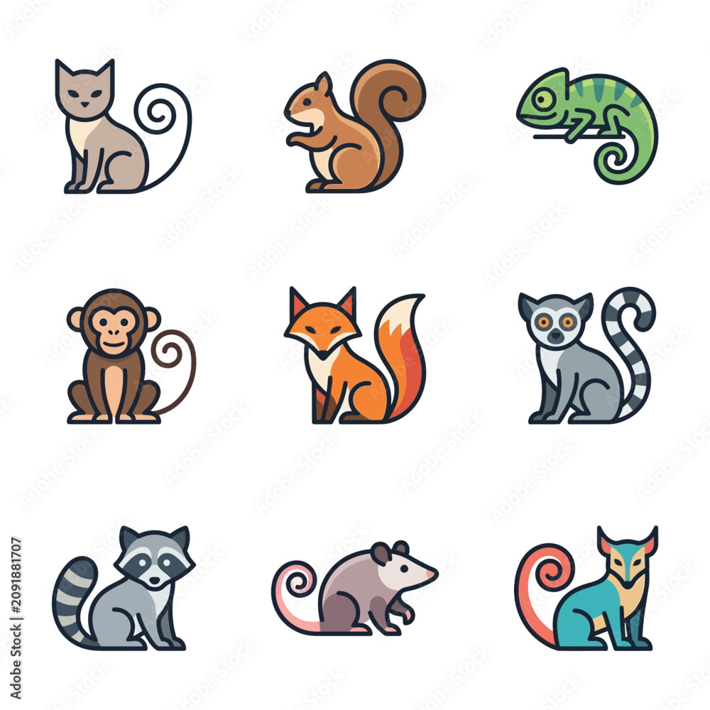Fototapeta premium Colorful illustrations of various animal icons.