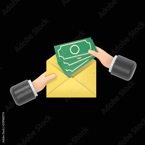 Hands businessman holding envelope with cash.American dollars.Open envelope with money.Finance concept of corruption and bribery.3D rendering on black Screen for footage and clipping path.
