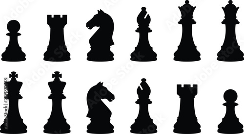 Quadro em tela A chessboard setup with various black silhouettes of pieces arranged