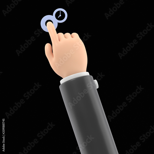 Cartoon Gesture Icon Mockup.3D illustration hand Touch Button Cartoon character hand.3D rendering on black Screen for footage and clipping path.