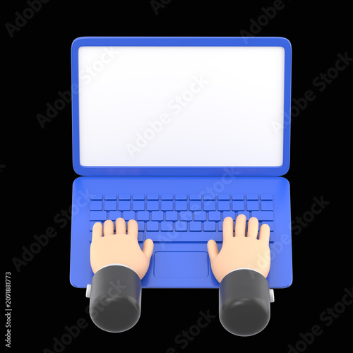Hands in work at laptop keyboard with blank monitor screen at table.Work place at home.3d illustration.3D rendering on black Screen for footage and clipping path.