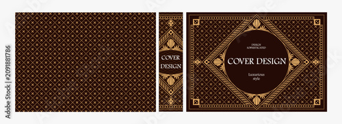Elegant horizontal vintage book cover design with ornate Art Deco frame, geometric decorative ornaments, and luxurious retro style for publications, albums, posters, and premium layouts