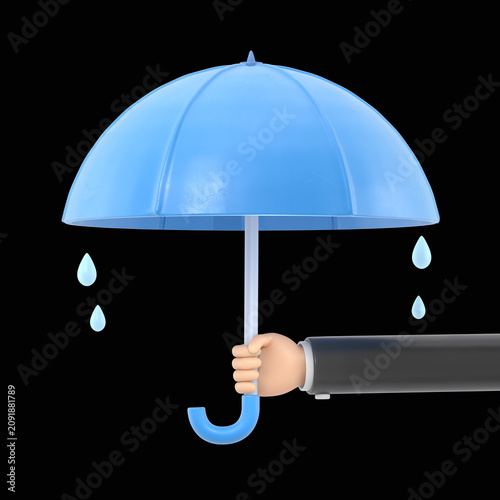 Cartoon Gesture Icon Mockup.Hand of man holding an umbrella.Rain protection,3D rendering on black Screen for footage and clipping path.
