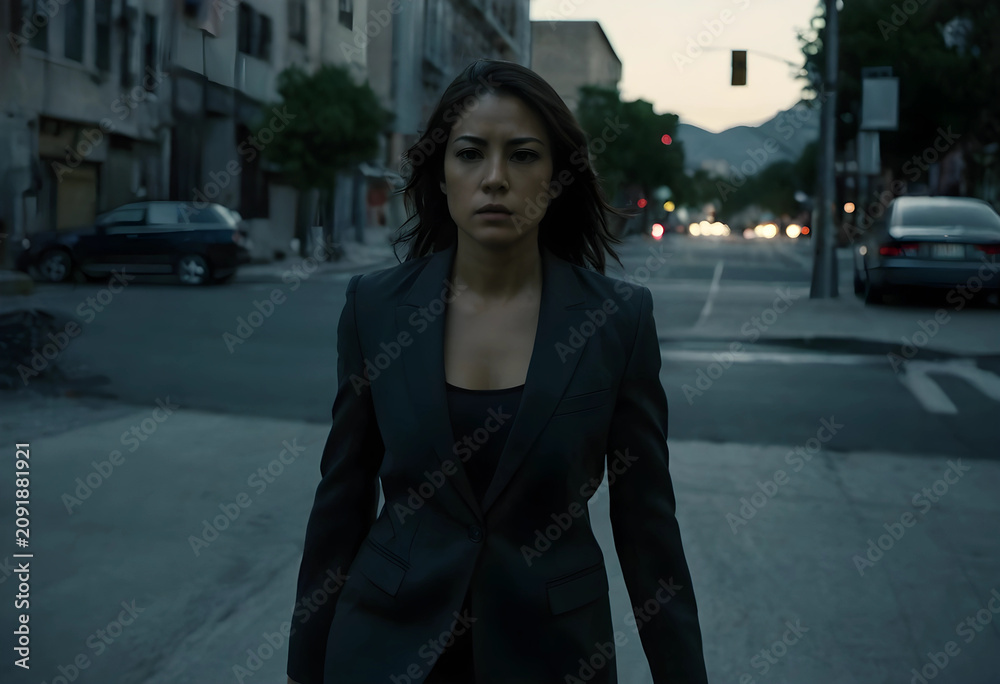 Fototapeta premium Hispanic woman walking on urban street corner at dusk