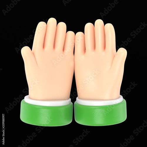 Cartoon Gesture Icon Mockup.Two hands together with palms up,top view,3D rendering on black Screen for footage and clipping path.