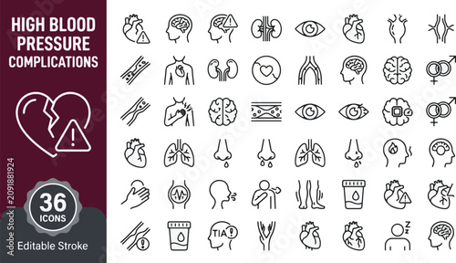 Cuadro en lienzo High blood pressure complications line icon set