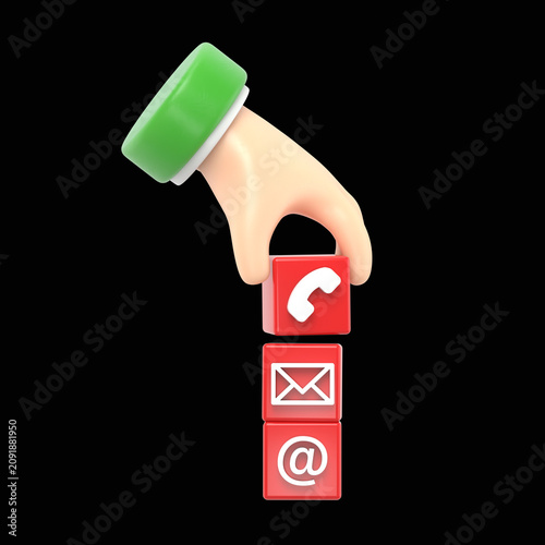 Cartoon Gesture Icon Mockup.3d hand stacking three contact symbols,3D rendering on black Screen for footage and clipping path.
