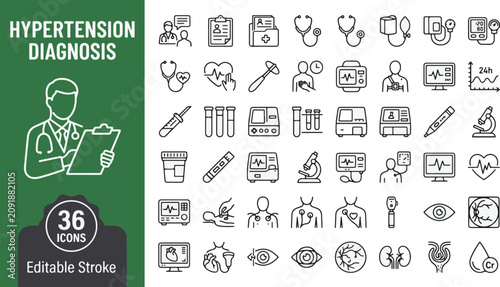 Fotografie Hypertension diagnosis medical line icon set
