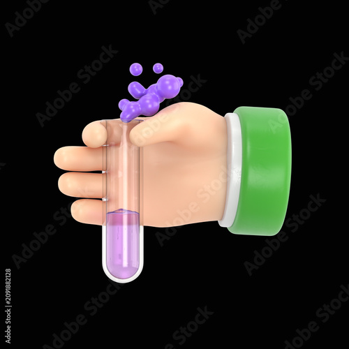 Cartoon Gesture Icon Mockup.Cartoon character hand in medical glove holding test tube.3D rendering on black Screen for footage and clipping path.