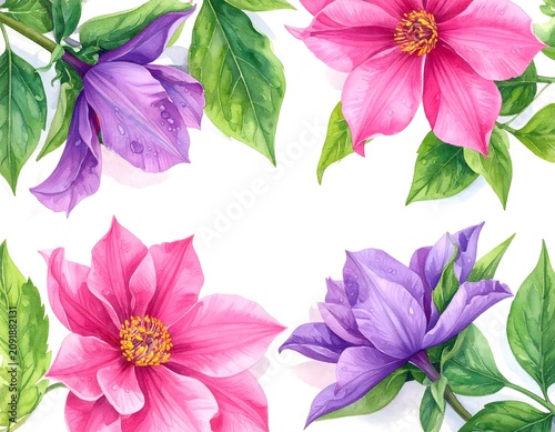 Bright Pink Purple and Violet Flowers with Green Leaves Border