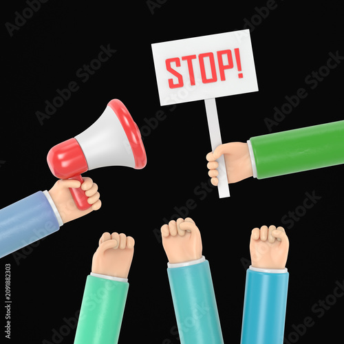 Cartoon hands of demonstrants and hand with Megaphone and stop sign,protest concept,revolution,conflict,3D rendering on black Screen for footage and clipping path.