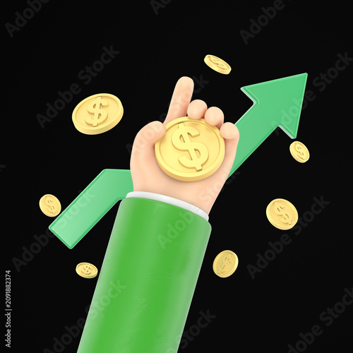 3D money coin holding for loan.holding money saving in business hand concept, online payment and payment concept.3D rendering on black Screen for footage and clipping path.