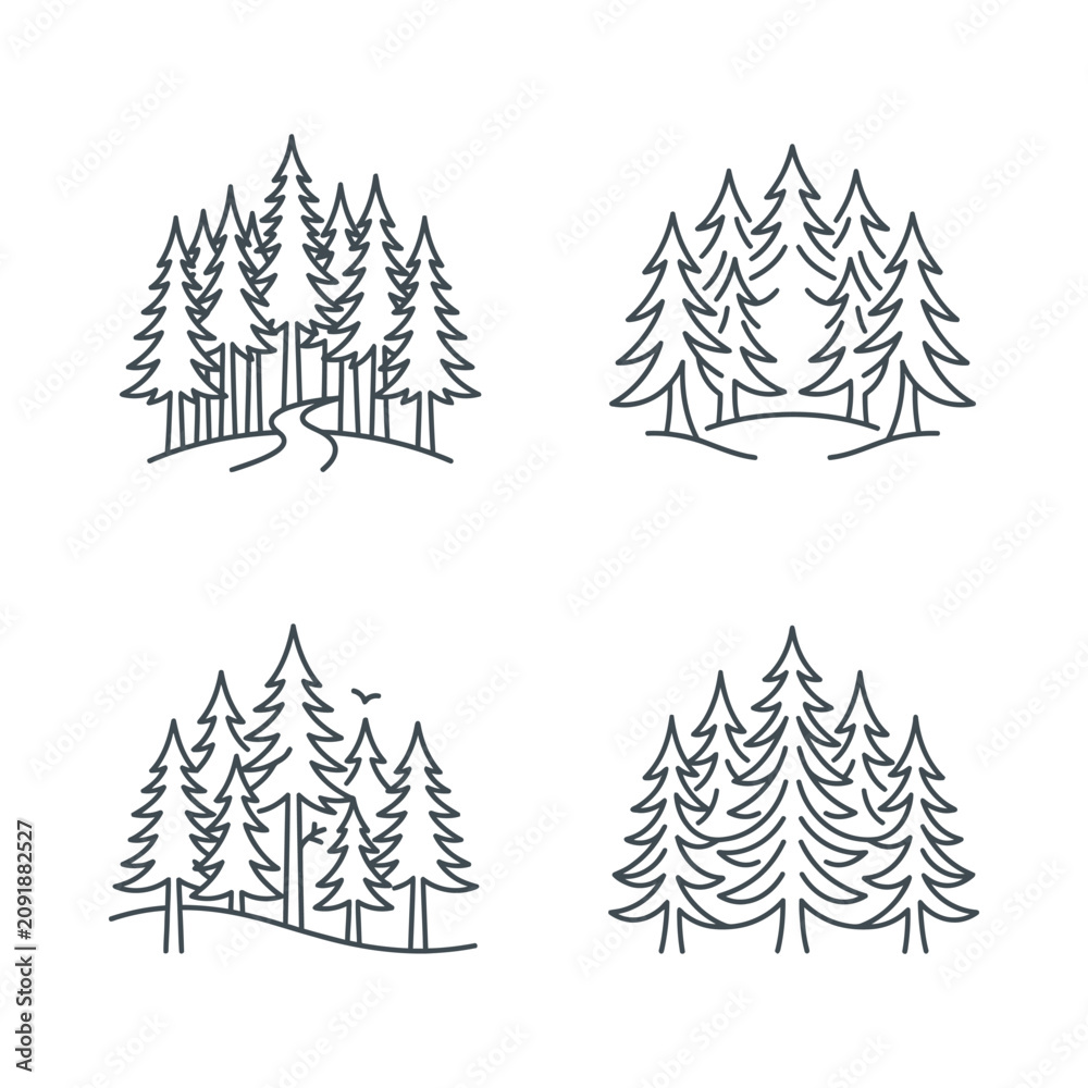 Obraz premium Minimalist Evergreen Forest Landscape Vector Icons Set