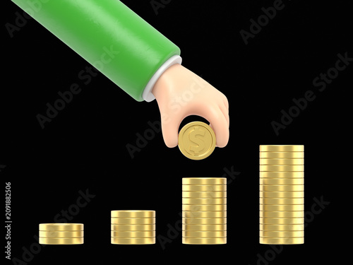 Cartoon Gesture Icon Mockup.Male hand stacks up golden coins.Concept of personal investments and savings.3D rendering on black Screen for footage and clipping path.
