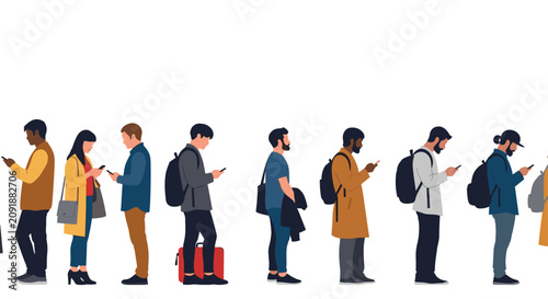 Long queue of diverse people standing in a line while looking at their smartphones and digital devices.