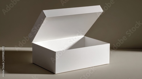 Minimalist white cardboard box with open lid, clean paper packaging mockup, empty gift box on neutral background for product branding