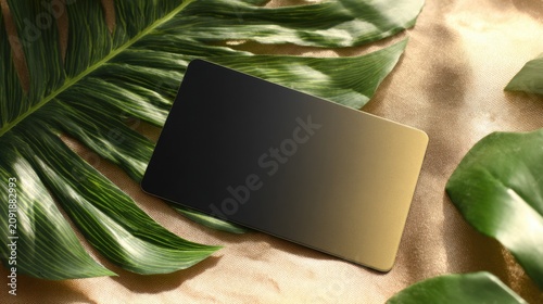 Elegant black and gold business card mockup on tropical palm leaves, luxury membership card template with organic shadows, premium stationery