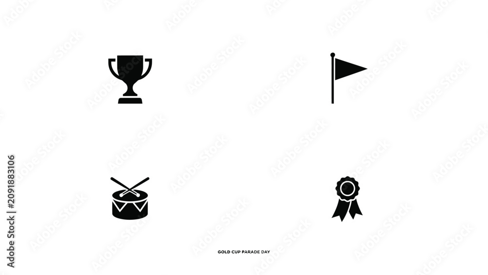 Fototapeta premium Minimalist black icons set featuring trophy flag drum and ribbon for celebration with arranged balanced grid against neutral background showcases clean minimalist