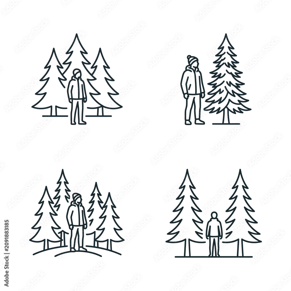 Obraz premium Man in Winter Forest Icons: People Among Pine Trees, Outdoor Recreation Vector Set