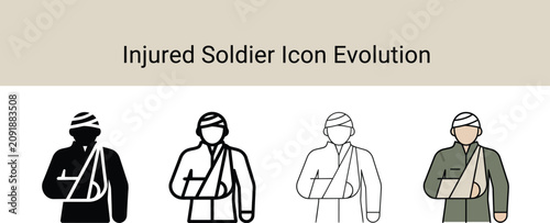 Collection of injured military person icon evolution graphics showing various design styles for medical treatment and care needs