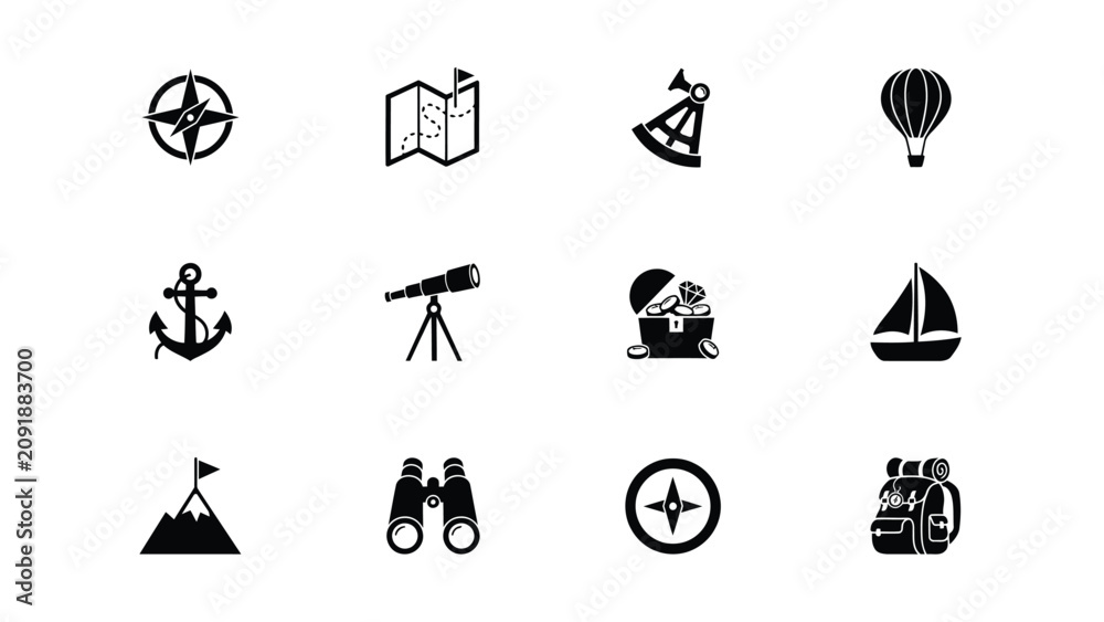 Naklejka premium Modern minimalist adventure and exploration icon set with all rendered flat design style against neutral background minimalist symbols with showcases sleek high