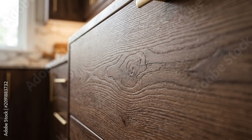 Close-up of wooden kitchen cabinet with gold handles near countertop indoors